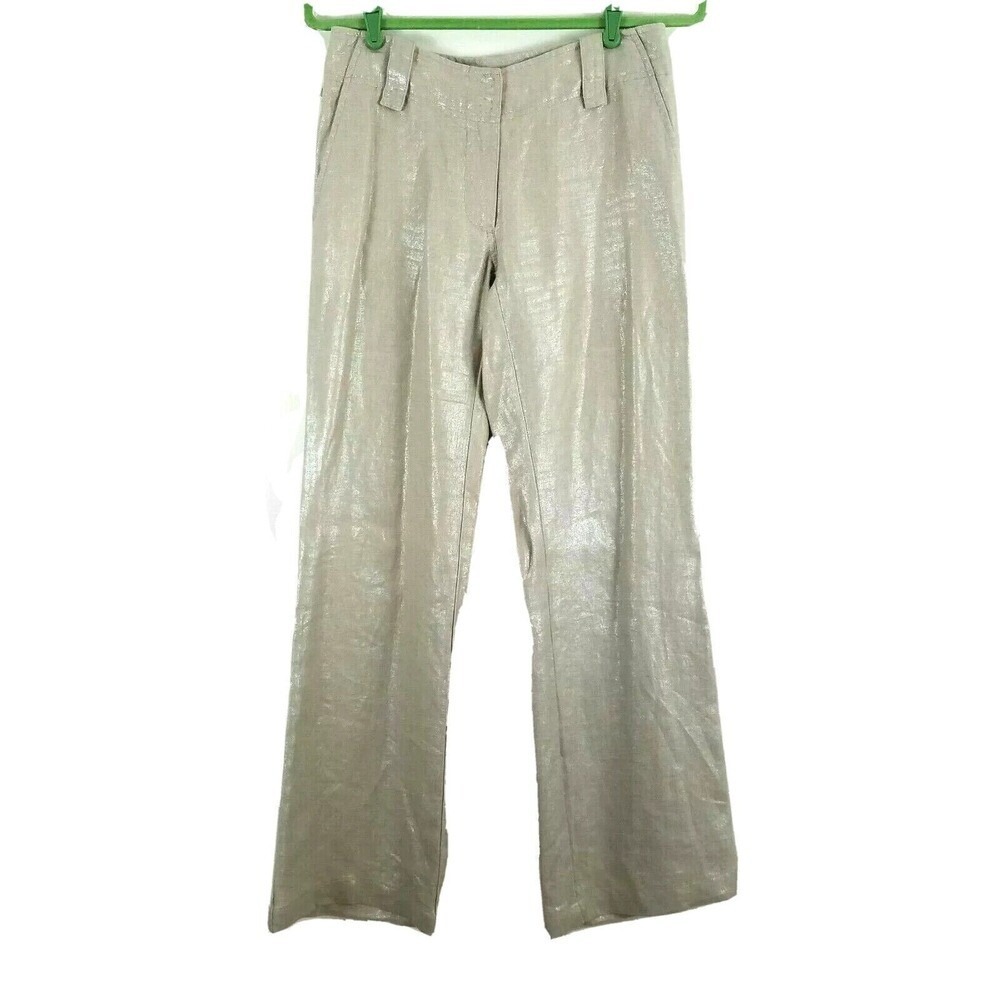 Boston Proper Linen Pants Trouser Beige Silver Shimmer Wide Leg Flap Pockets 2